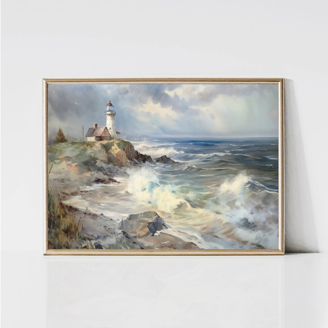 Lighthouse On Rocky Coast Crashing Waves Dramatic Seascape Poster - Image 3