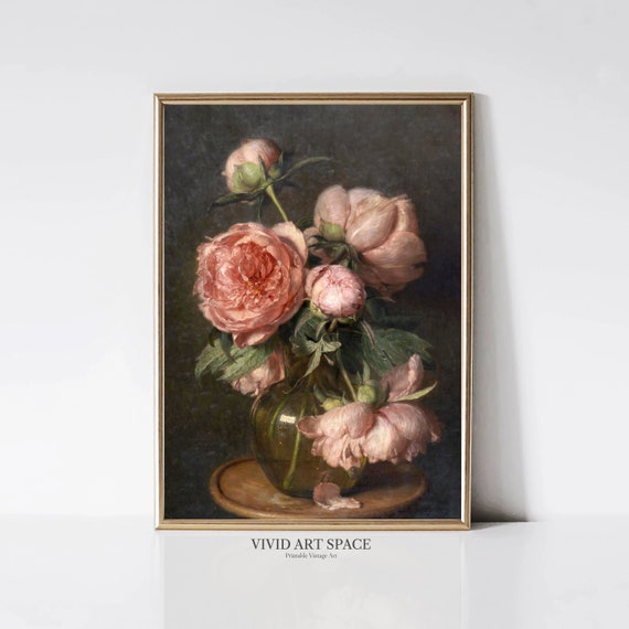 Moody Pink Peonies Vintage Art Print, Farmhouse Decor