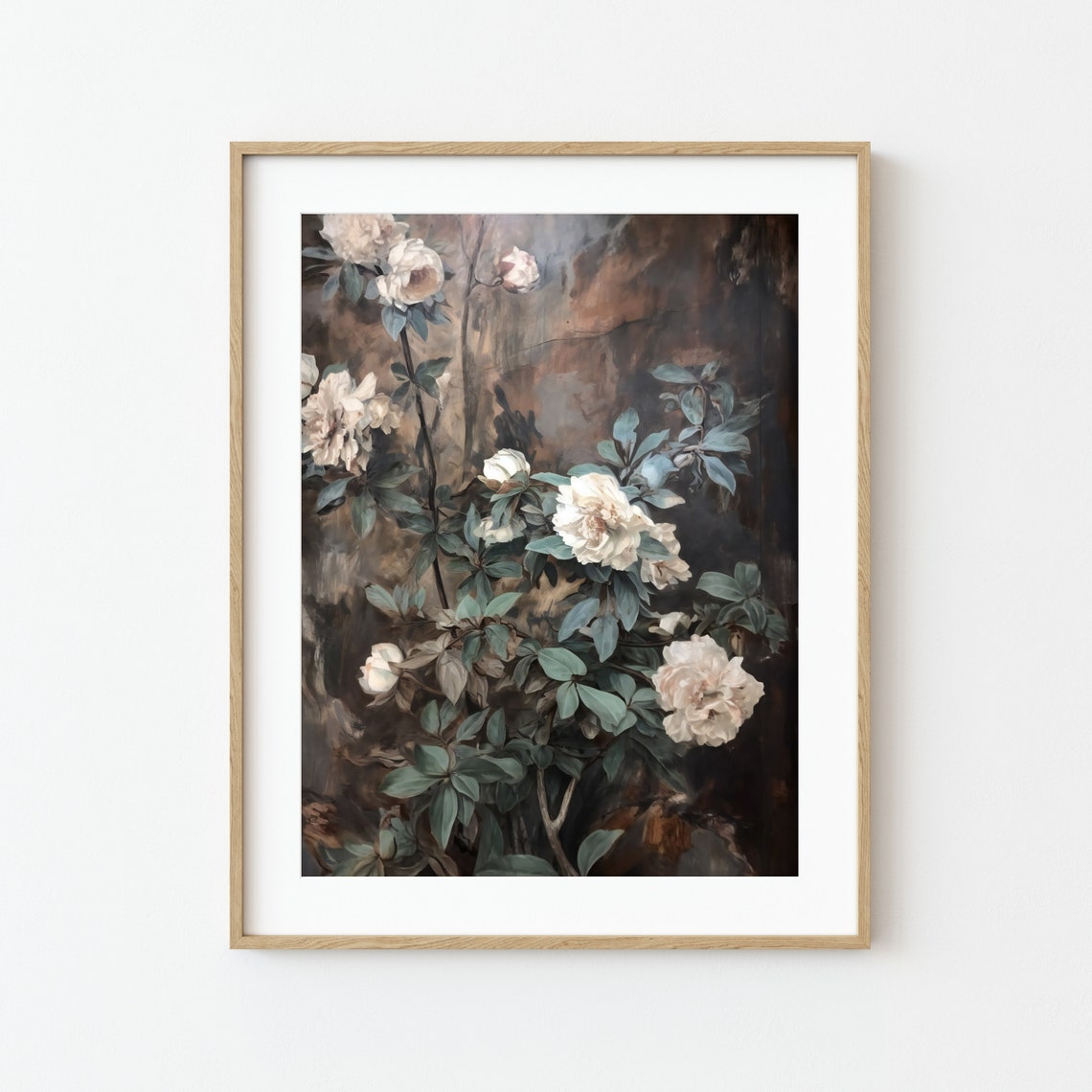 Moody White Roses on Dark Ground Vintage Floral Painting Print - Image 2