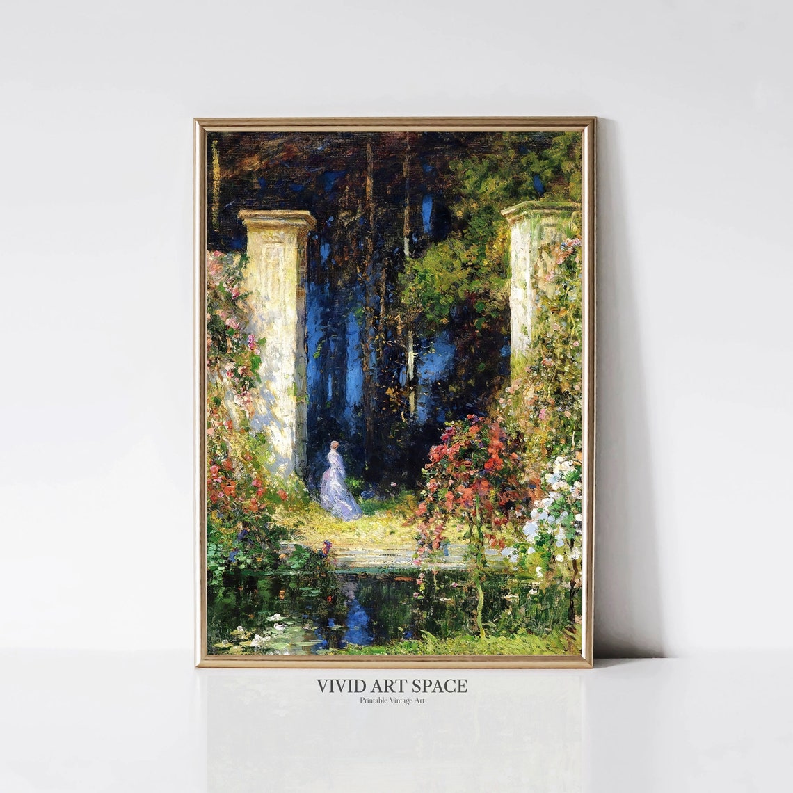 Old Gateway Garden Lady Stone Pillars Vintage Painting Poster