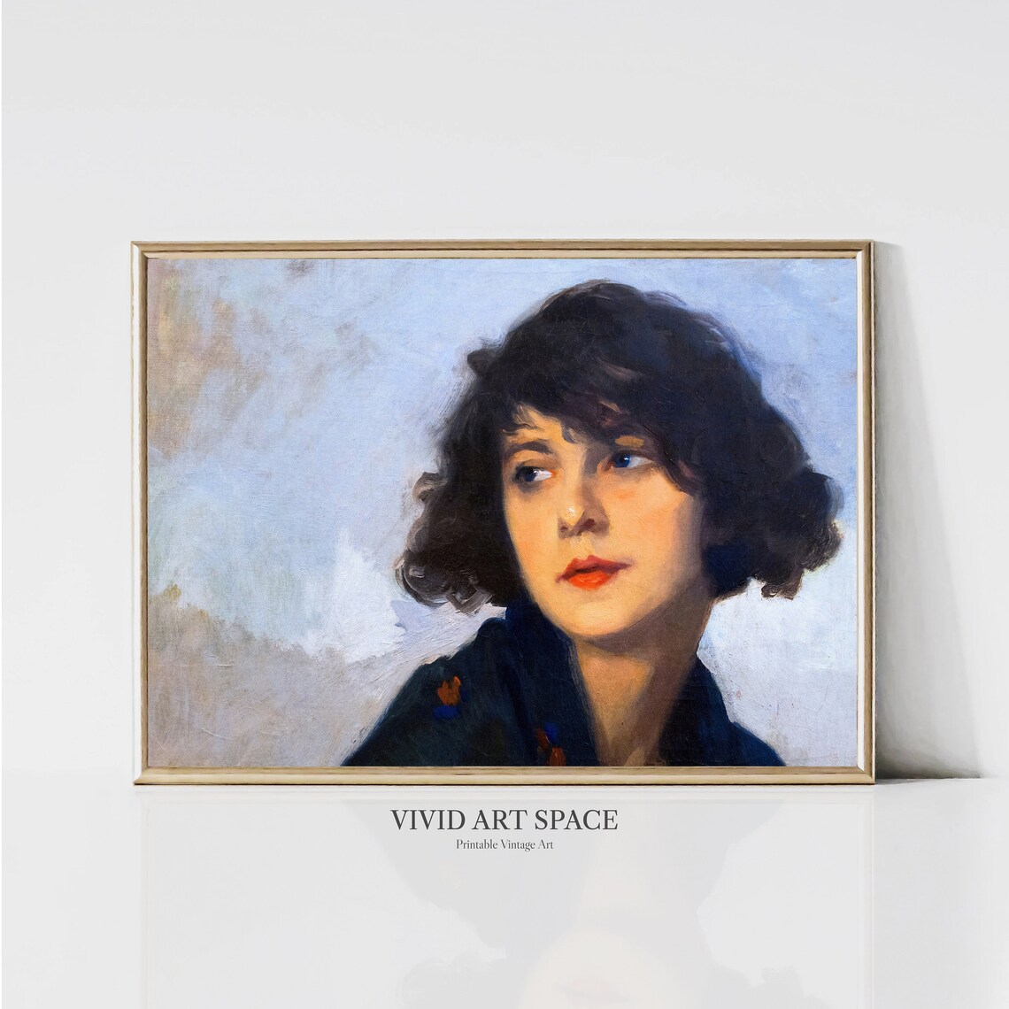 Vintage French Woman Dark Curly Hair Portrait Painting Poster