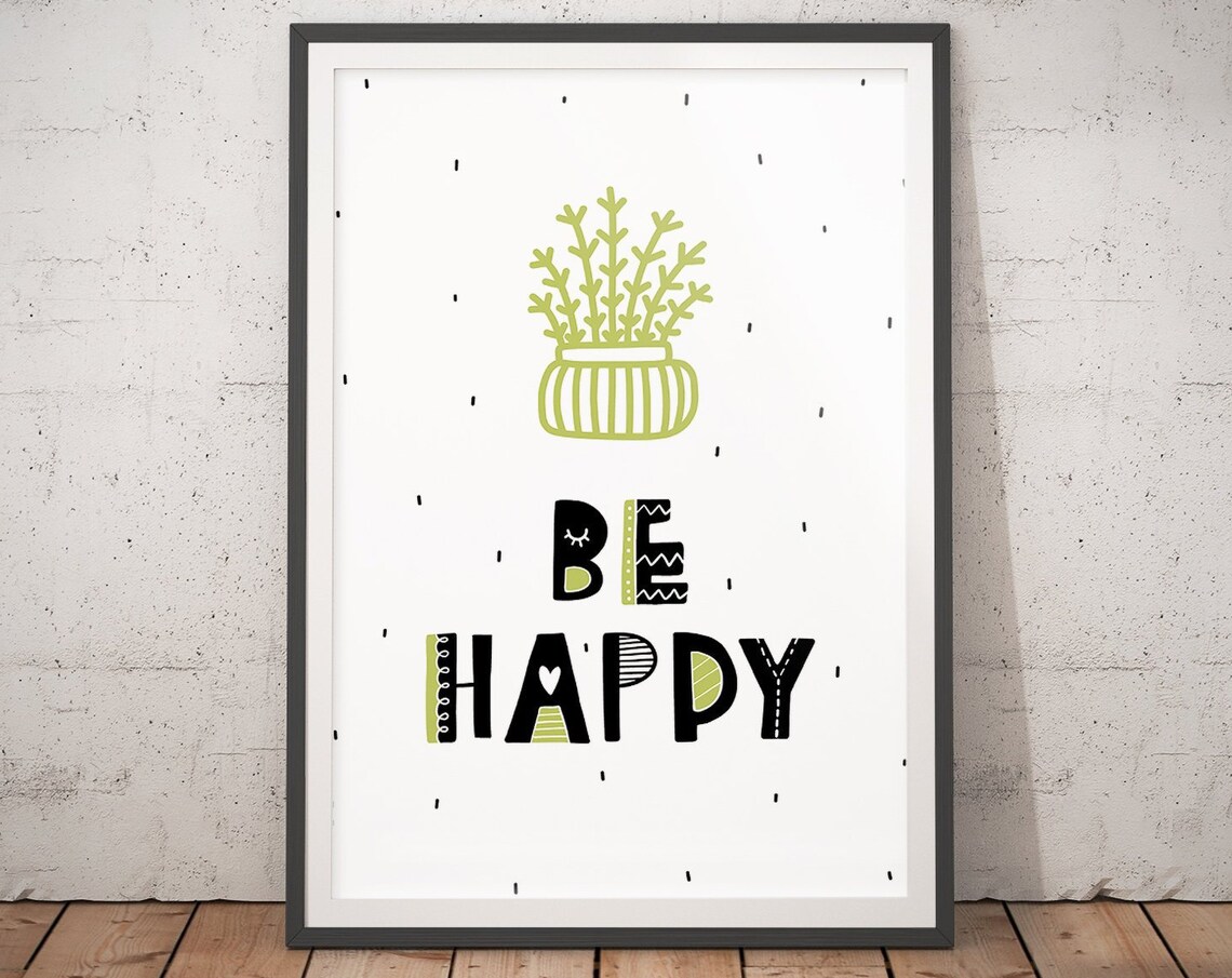 Be Happy Potted Plant Nursery Poster Minimalist Botanical Room Art