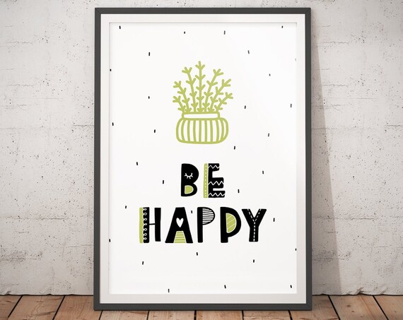 Be Happy Potted Plant Nursery Poster Minimalist Botanical Room Art