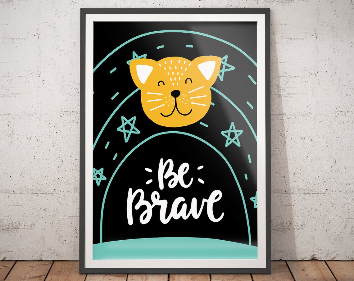 Be Brave Orange Cat Face Poster Black Night Stars Kids Bedroom Decor