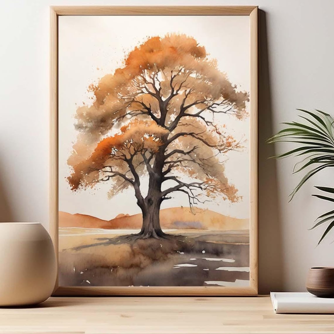 Lone Majestic Autumn Tree Golden Foliage Watercolor Landscape Poster