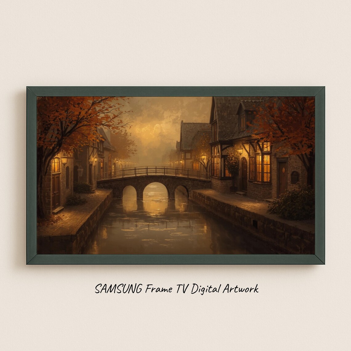 Samsung Frame Tv Art Canal Town At Sunset Warm Amber Autumn Evening