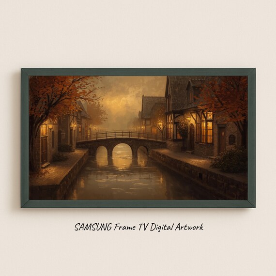 Samsung Frame Tv Art Canal Town At Sunset Warm Amber Autumn Evening