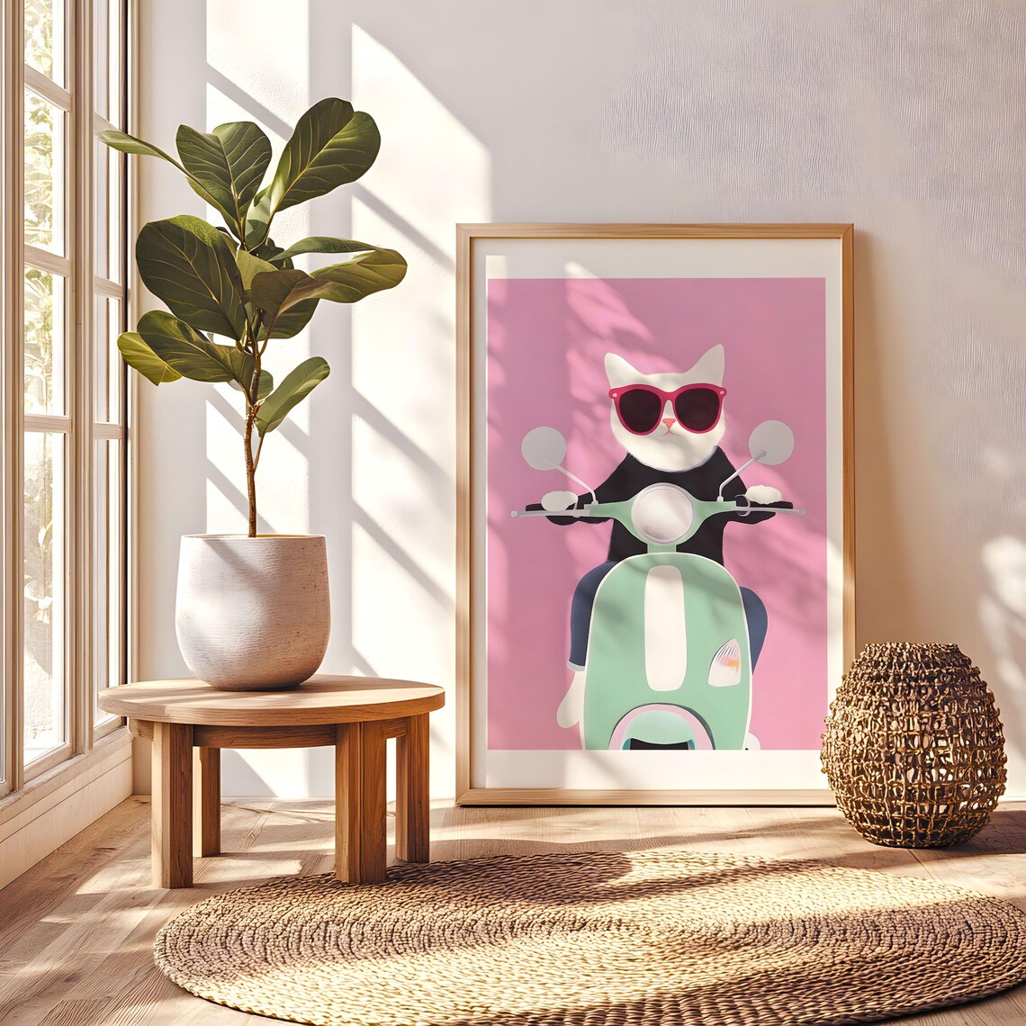 Cool Cat in Sunglasses Riding Mint Scooter Pink Funny Animal Poster