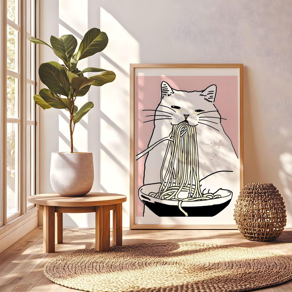 Funny White Cat Eating Spaghetti Pink Background Illustration Poster