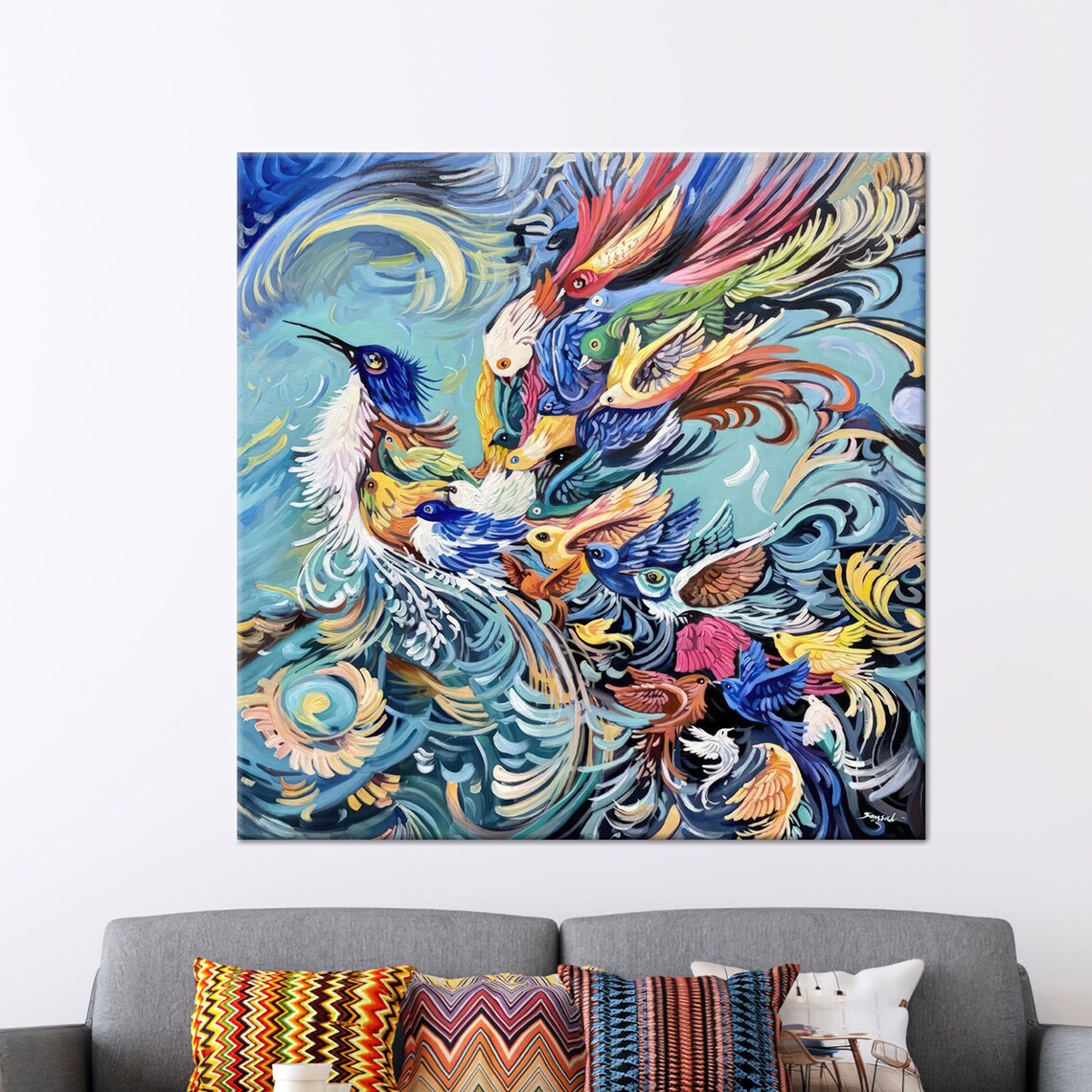 Colorful Flock of Birds Swirling Sky Fantasy Nature Painting Poster