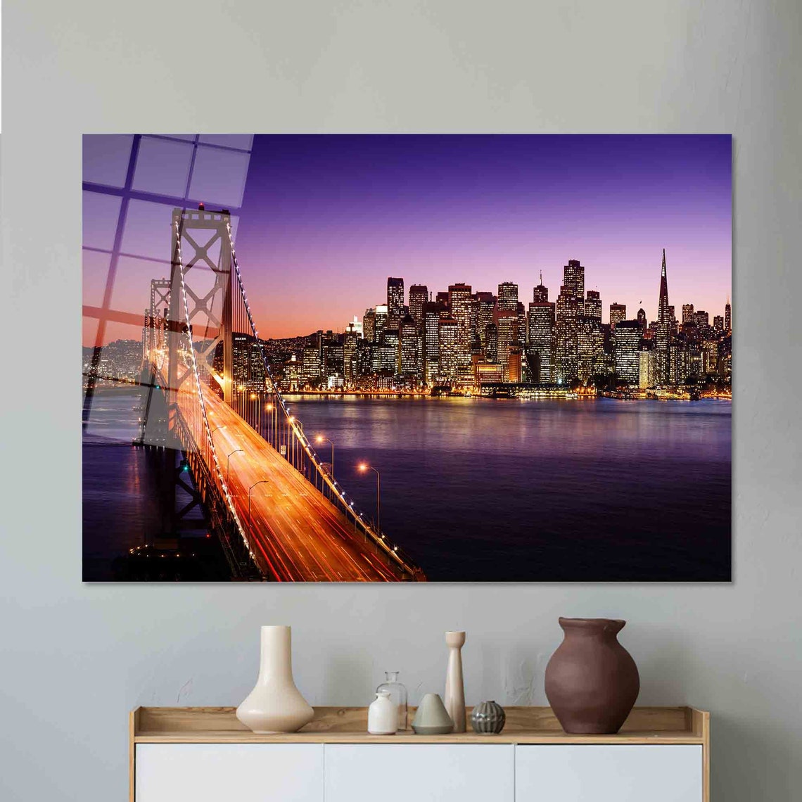 San Francisco Bay Bridge at Dusk Purple City Skyline Lights Poster - Image 2
