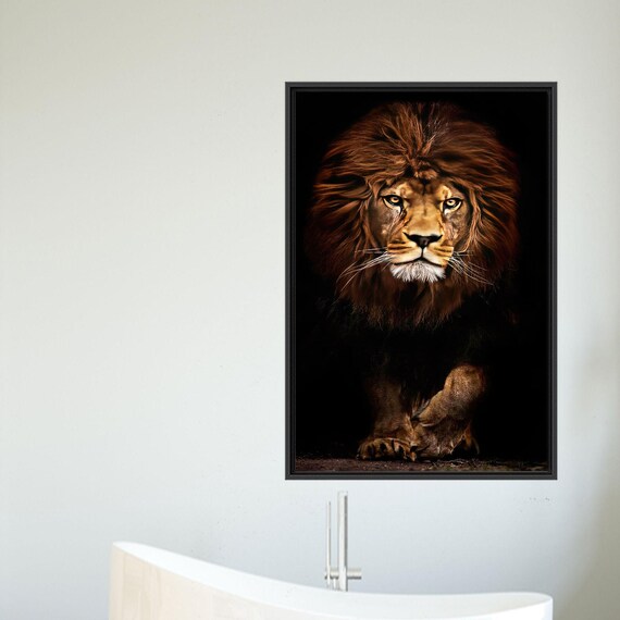 Majestic Male Lion Portrait On Dark Background Wildlife Poster