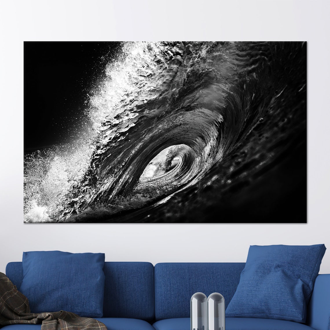 Dramatic Black And White Ocean Wave Barrel Surf Photography Poster