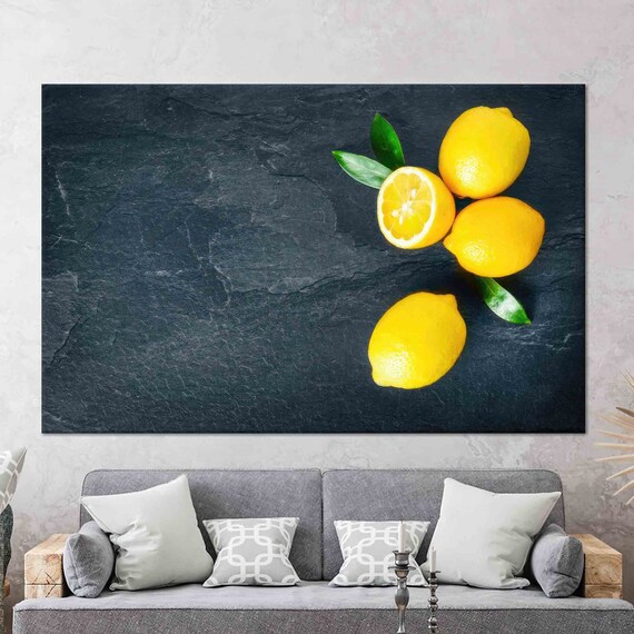 Lemon Pattern Art Yellow Wall Art Navy Blue Wall Art Art 3d Glass Art Lemon Wallpaper Poster Gifts Kitchen Wall Decor