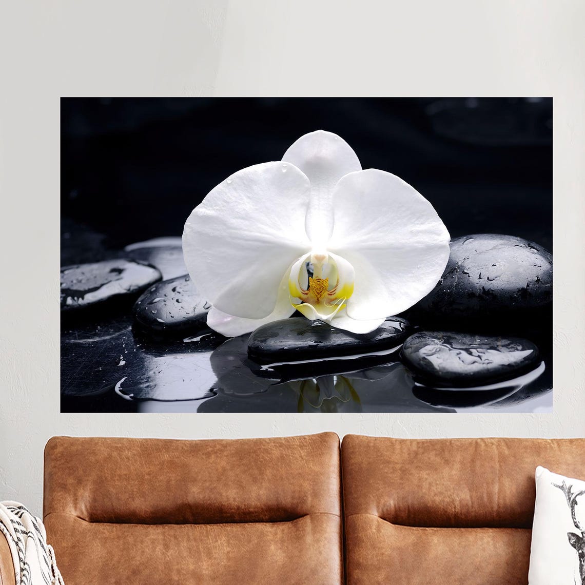 Single White Orchid Resting On Black Spa Stones Zen Decor Poster
