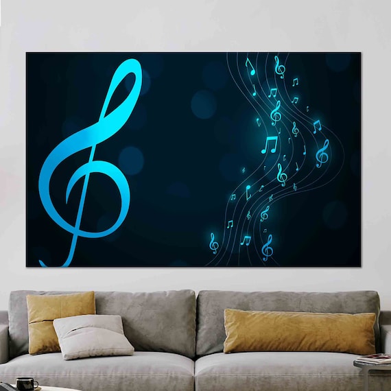 Glowing Blue Treble Clef and Music Notes Dark Background Poster