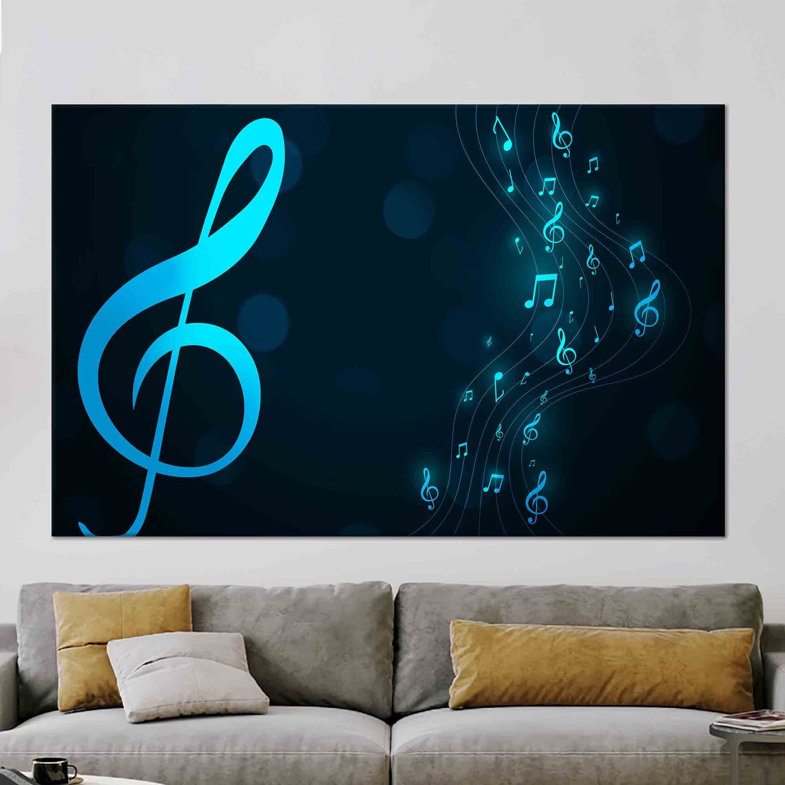 Glowing Blue Treble Clef and Music Notes Dark Background Poster