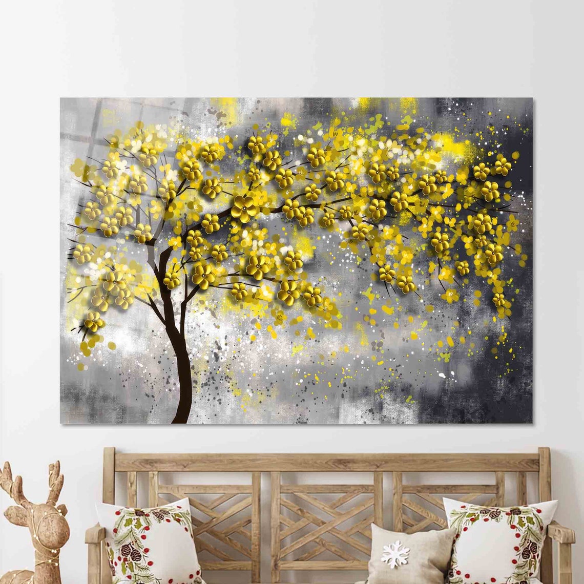 Yellow Blossom Tree on Gray Abstract Background Decor Poster - Image 2