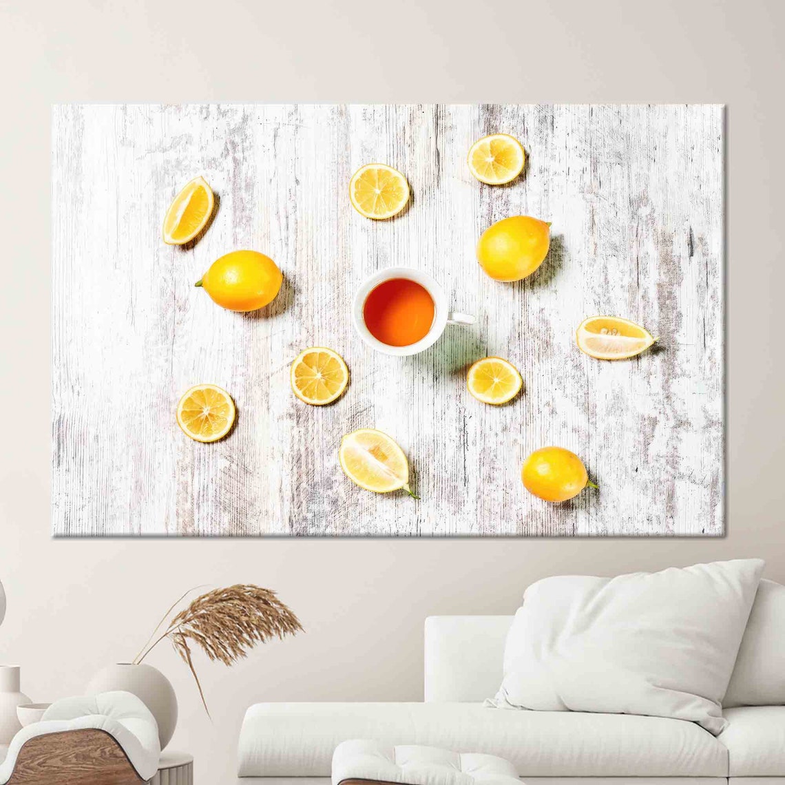 Lemons and Tea Cup on Whitewashed Wood Fresh Kitchen Wall Poster