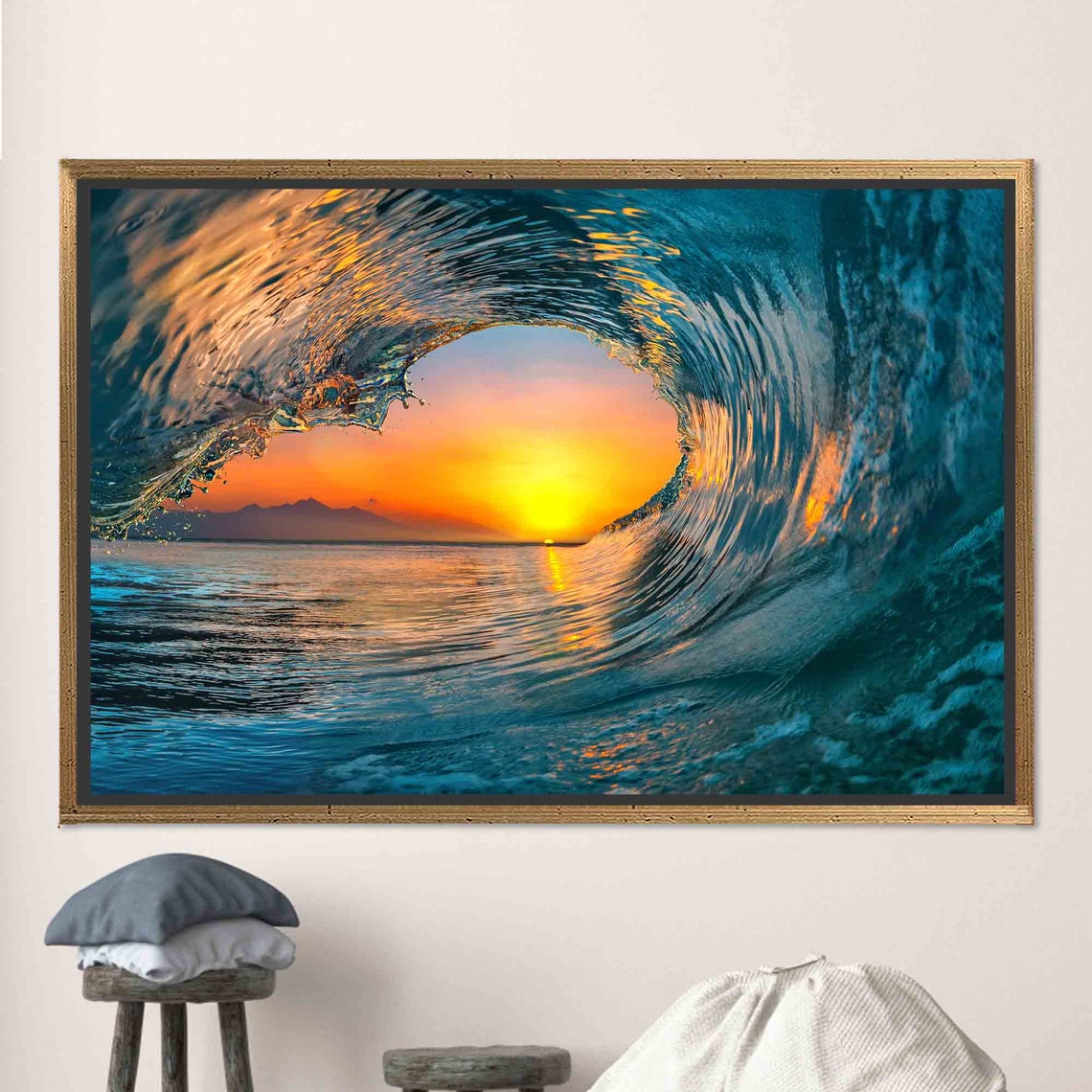 Ocean Wave Barrel Sunset Curl Surf Photography Turquoise Art Poster - Image 2