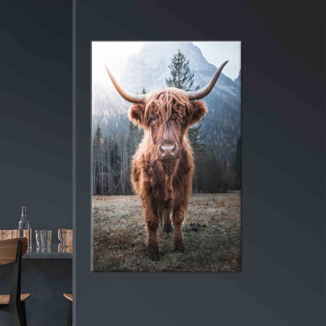 Shaggy Highland Cow Portrait in Mountain Meadow Field Photo Poster