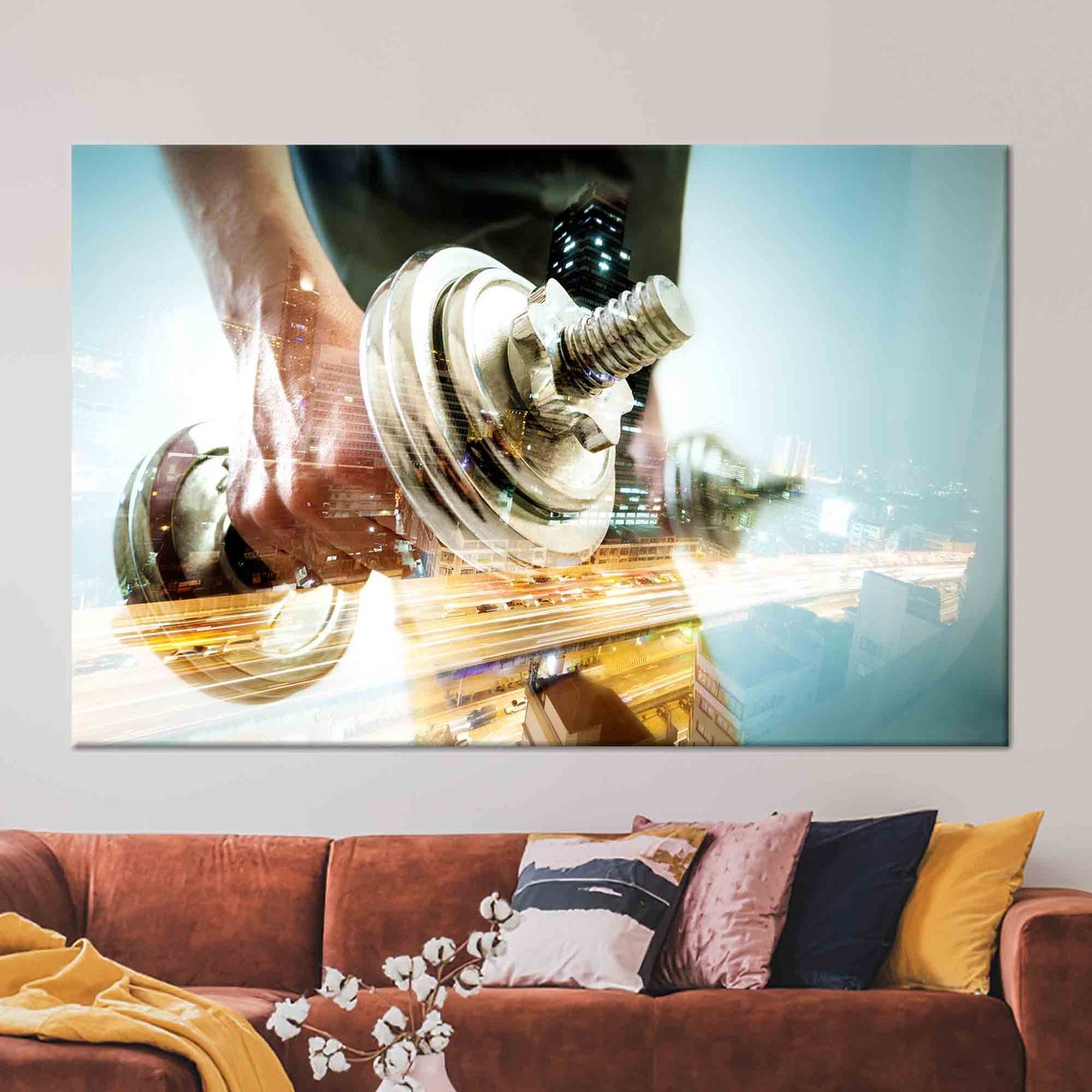 Dumbbell Grip Double Exposure City Fitness Motivation Gym Art Poster