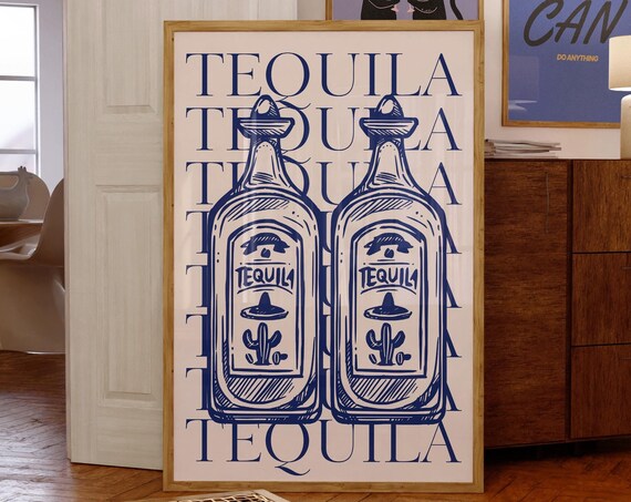 Tequila Bottles Blue Line Art Bar Cart Decor Vintage Style Poster