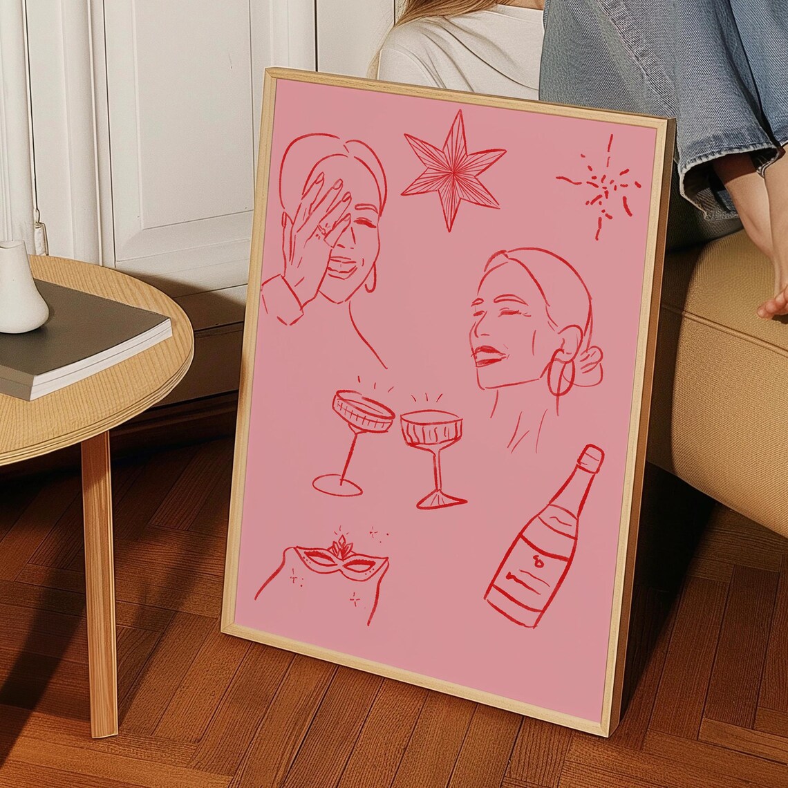 Pink New Year Celebration Red Line Illustration Champagne Toast Poster - Image 2