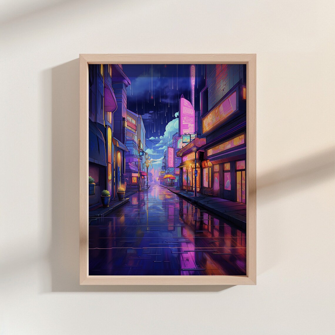 Neon Lit Rainy Alley Glowing Signs Wet Pavement Night Art Poster