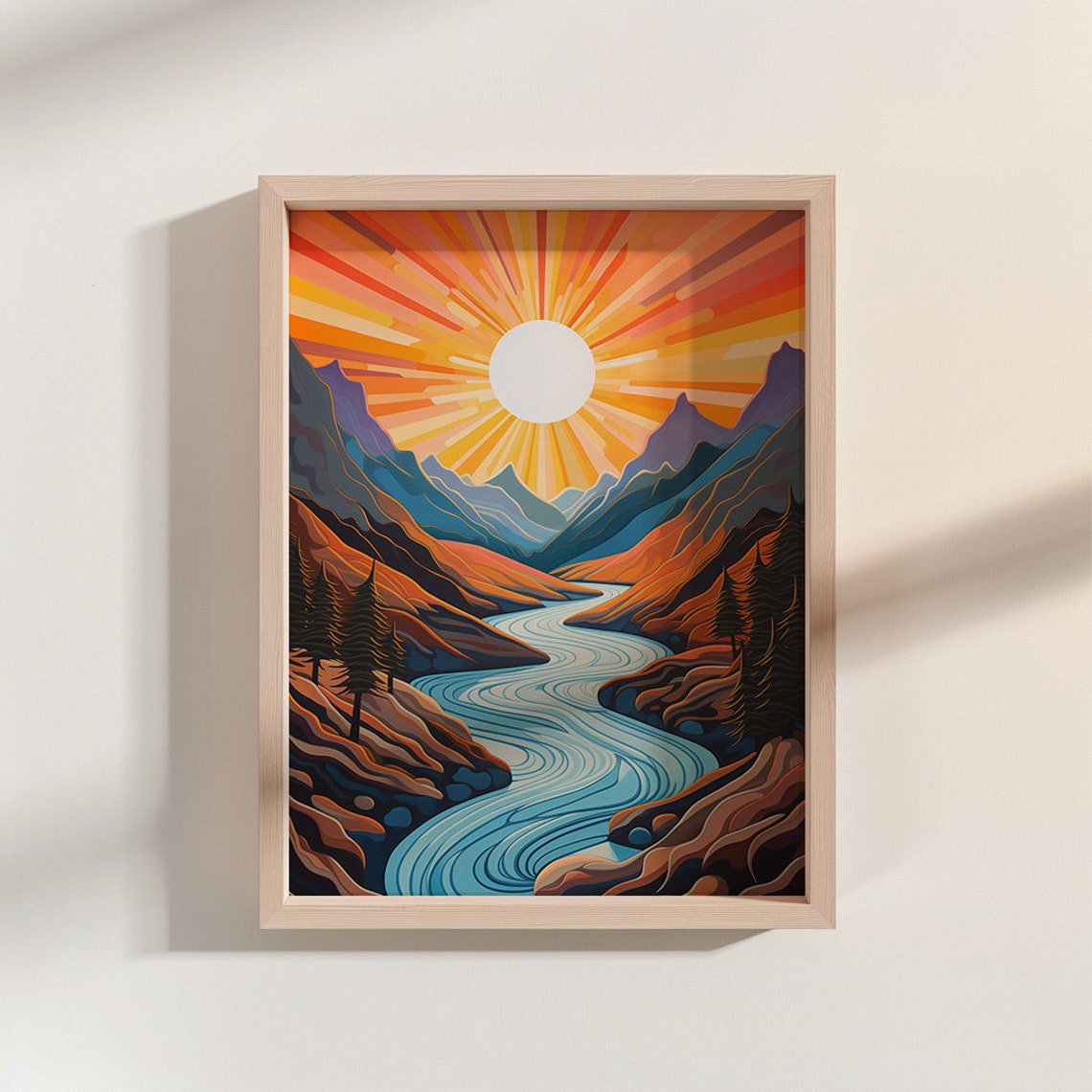 Sunburst Over Mountain Valley Winding River Art Deco Style Poster