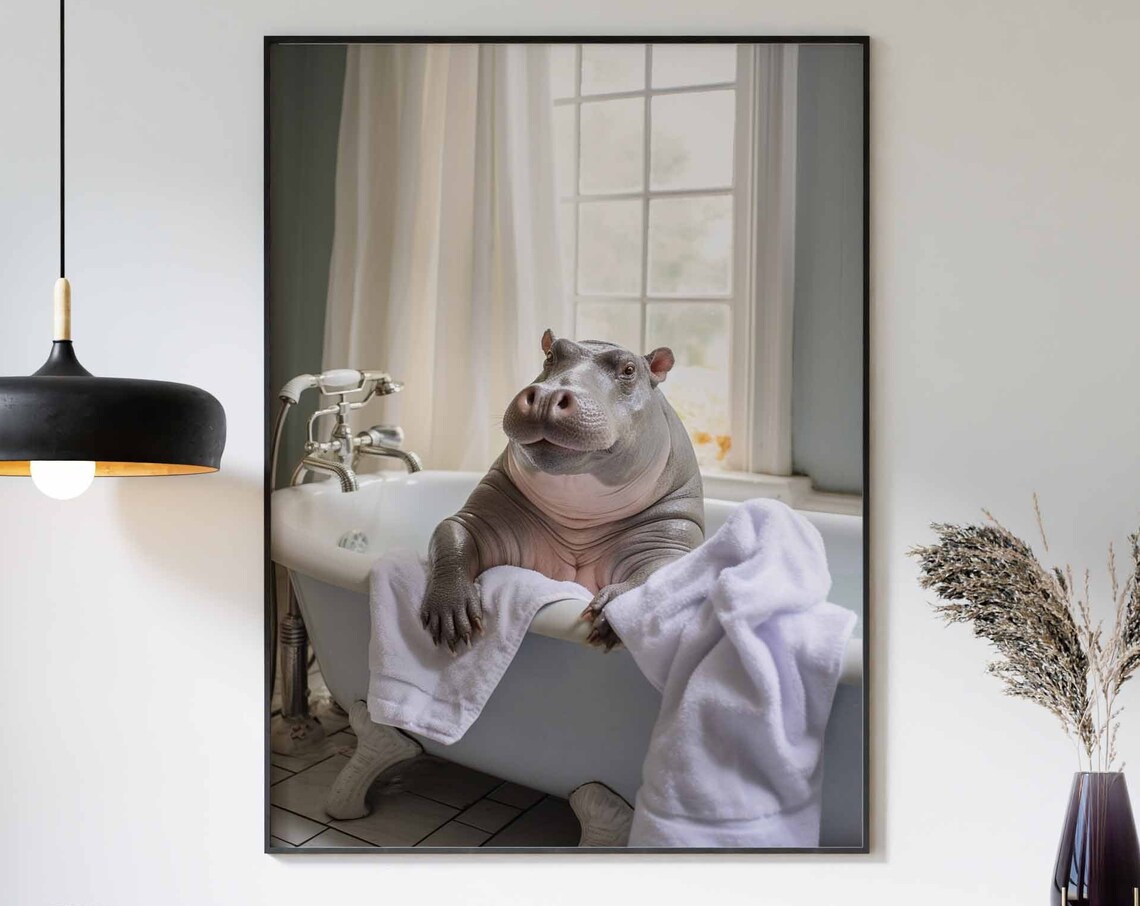 Baby Hippo Leaning On The Edge Of A White Bathtub Towel Poster