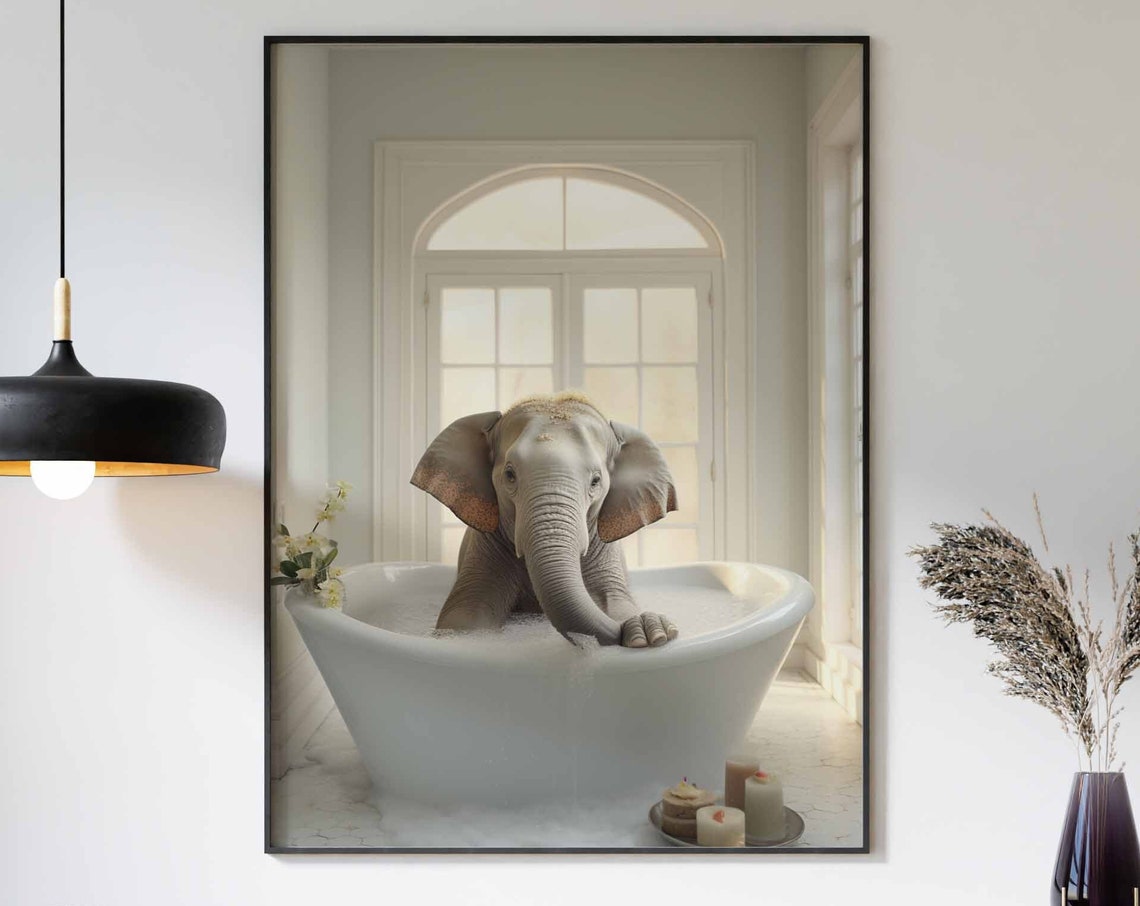 Baby Elephant Splashing In A White Bubble Bath Candle Poster