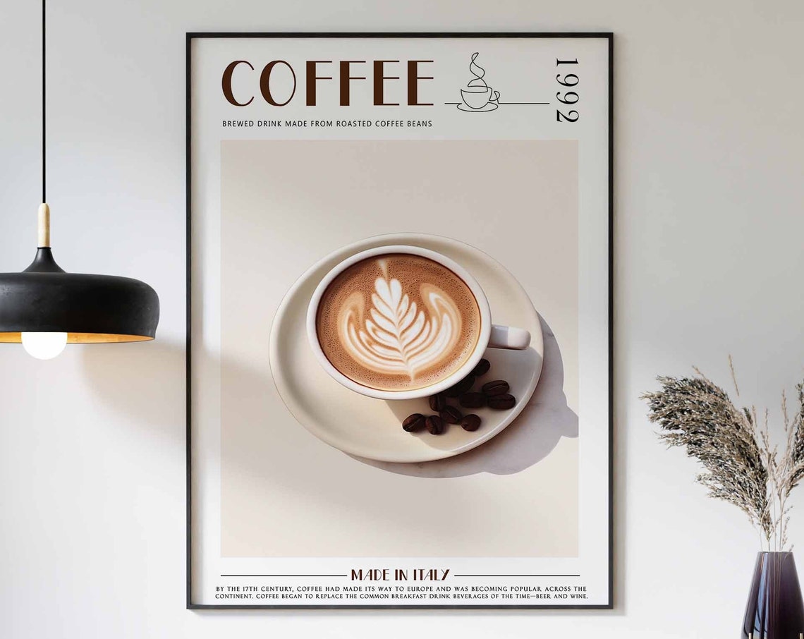 Coffee 1992 Latte Art Cup With Beans Cream Background Poster