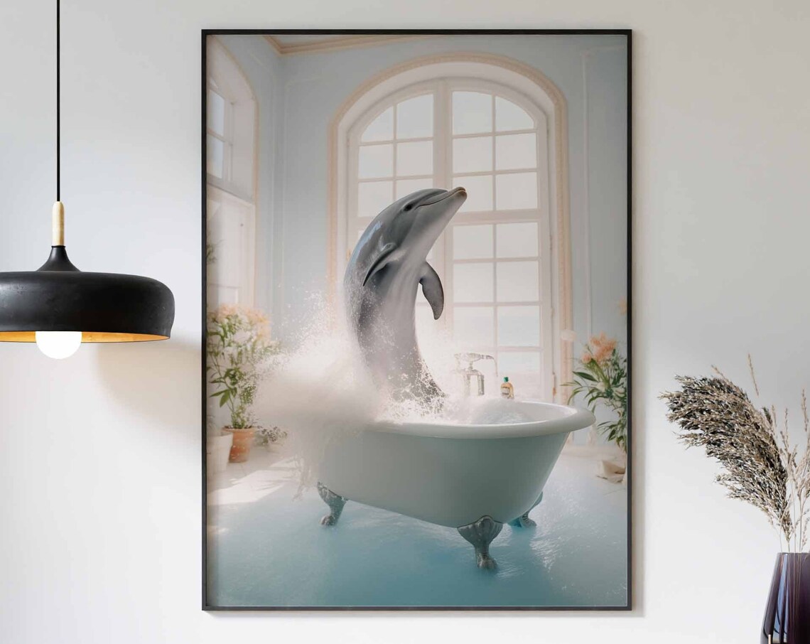 Dolphin Arching Out Of A Clawfoot Tub In A Blue Bathroom Poster