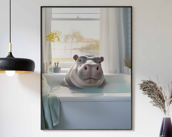 Hippo Soaking In A Turquoise Bathtub By The Palm Trees Poster