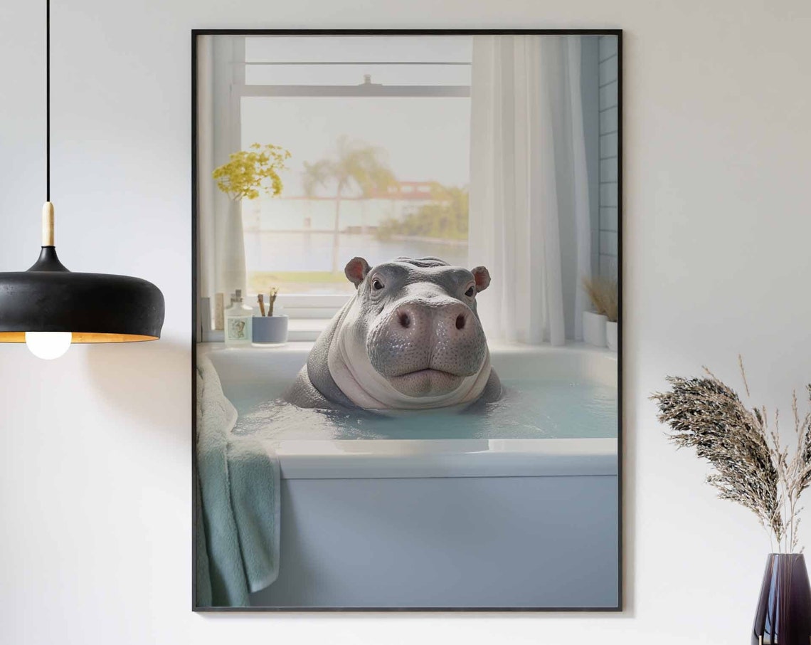 Hippo Soaking In A Turquoise Bathtub By The Palm Trees Poster
