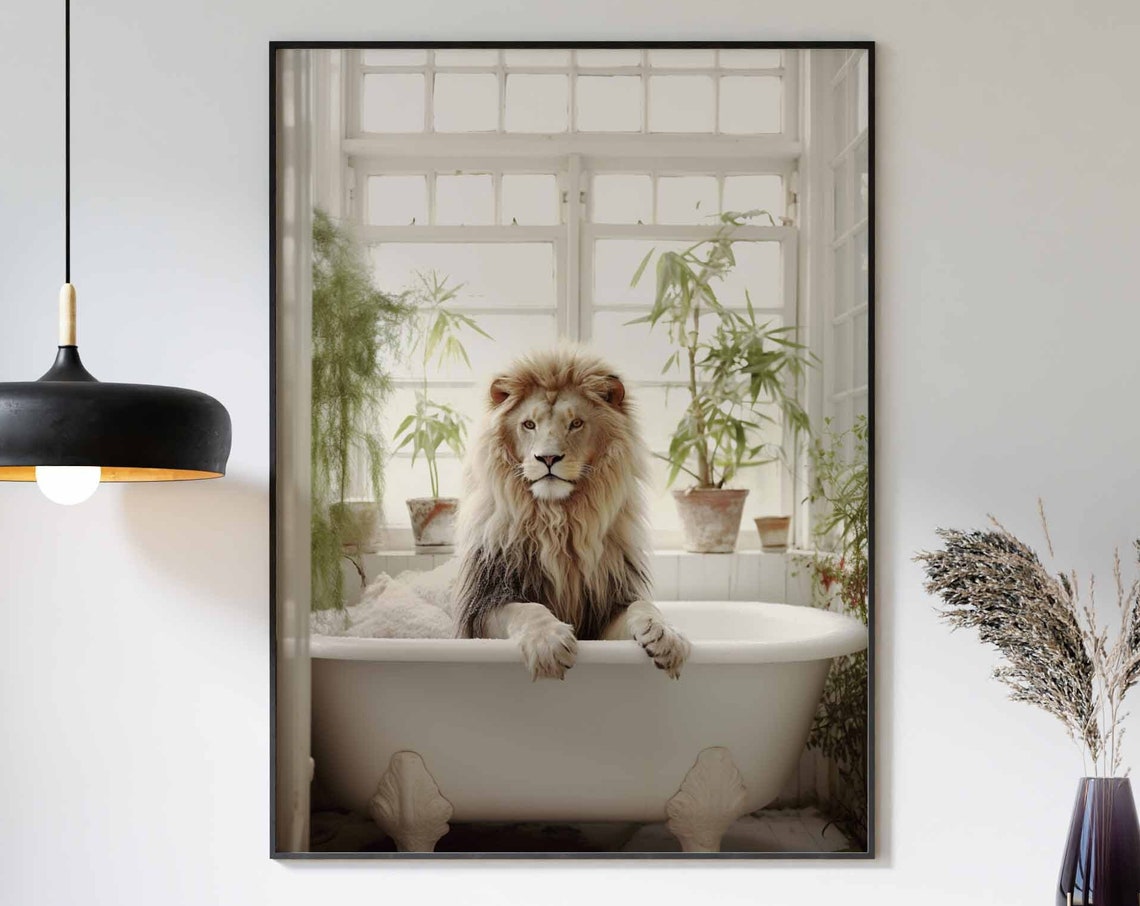 Lion Soaking In Bubbles Among Lush Conservatory Greenery Poster