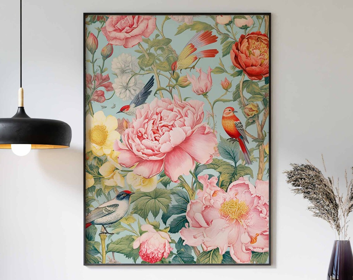 Pink Peony And Songbird Chinoiserie Style Garden Scene Poster