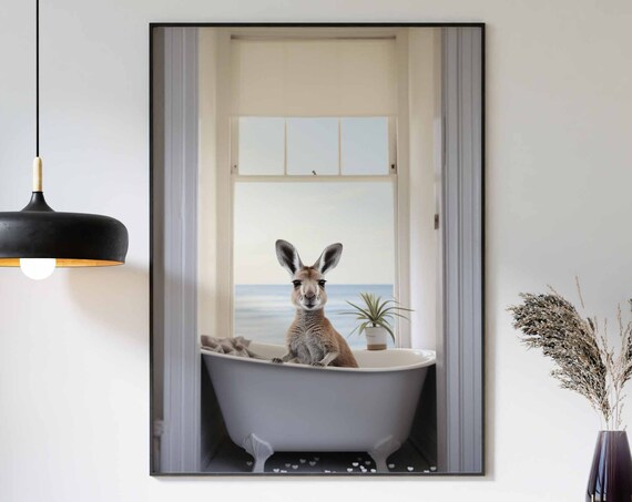 Kangaroo In Tub Wall Art Kangaroo Art Bathroom Art Print Funny Bathroom Wall Art Kangaroo Bathing Animal In Bathtub