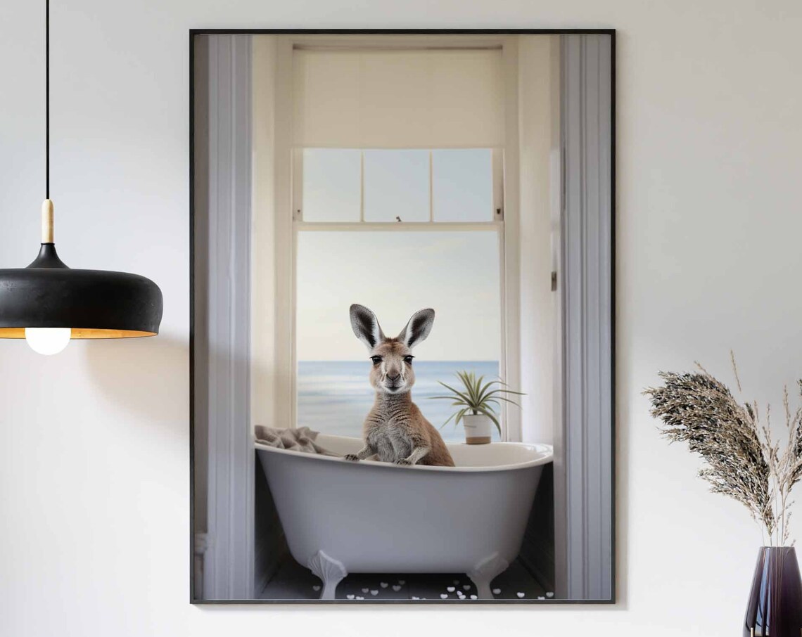 Kangaroo Sitting In A Bathtub By A Coastal Ocean Window Poster