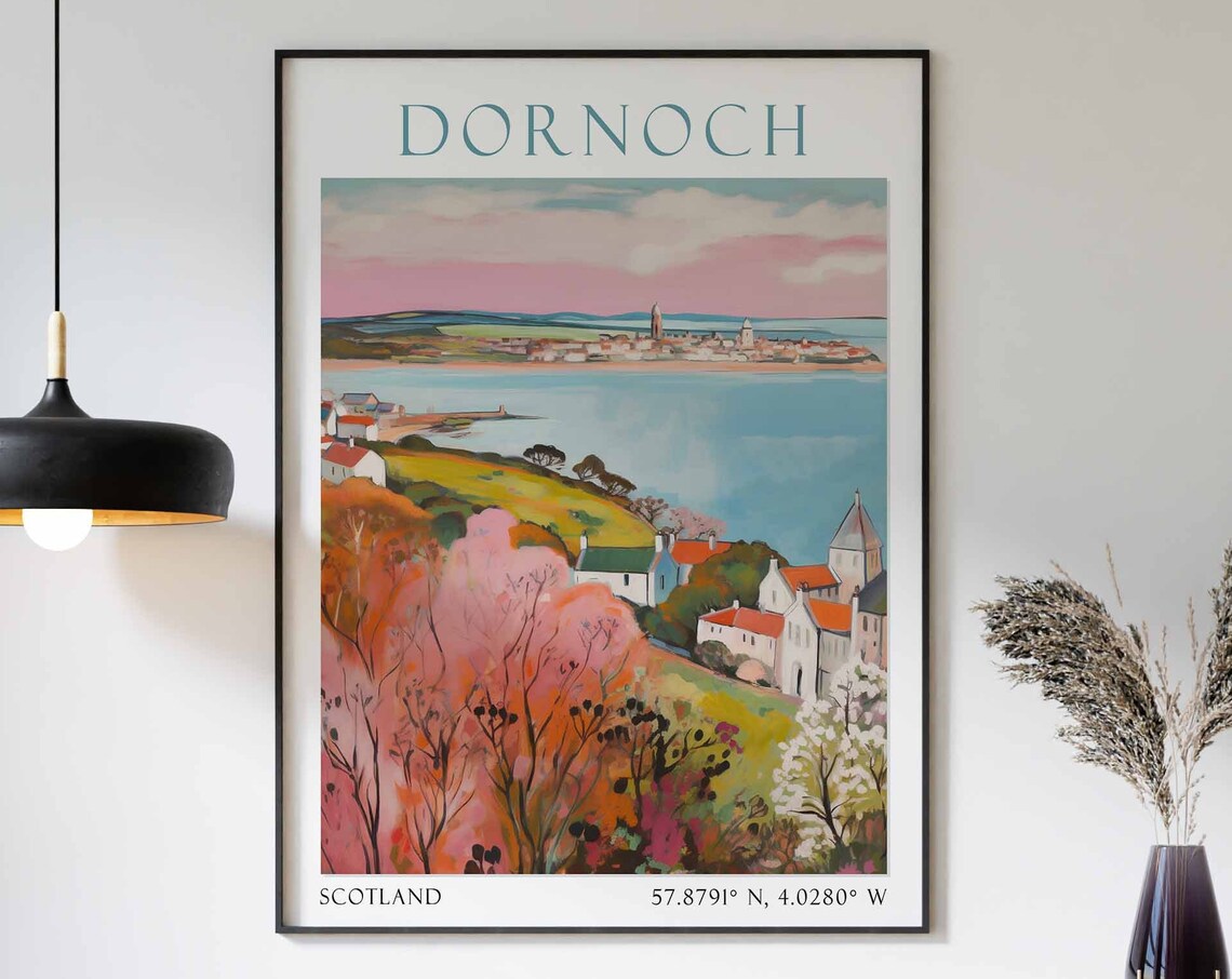 Dornoch Scotland Coastal Town View with Colorful Hillside Poster