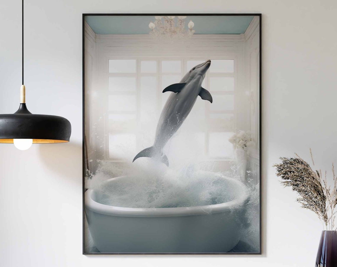 Dolphin Leaping From A Splashing Bathtub In A Dream Bathroom Poster