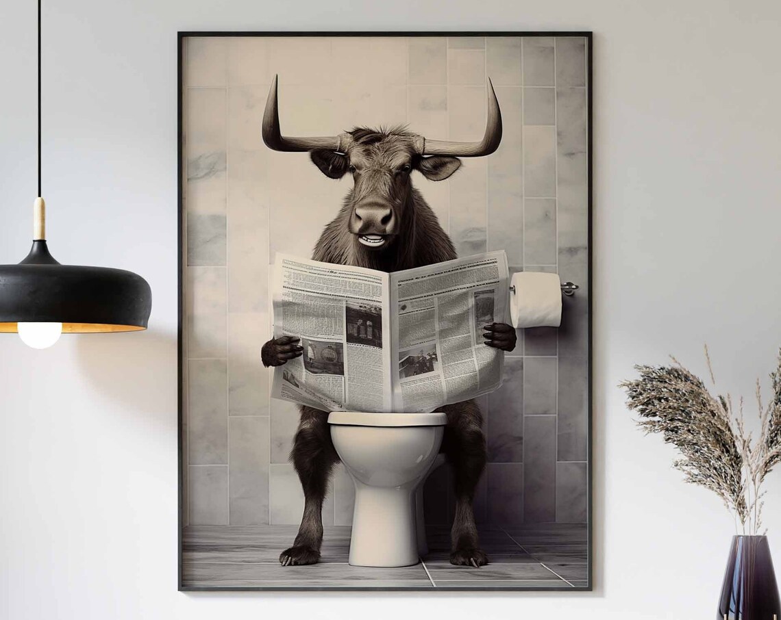 Cow Reading Newspaper Funny Bathroom Toilet Humor Gift Poster