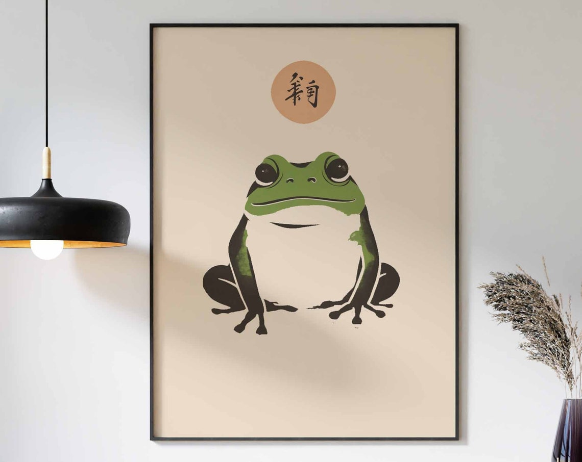 Japanese Frog Woodblock Style Green Frog Red Sun Circle Poster