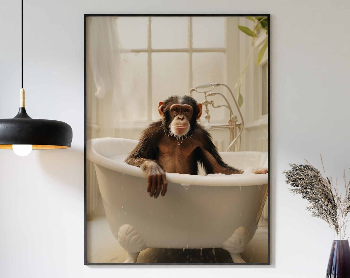 Wet Baby Chimpanzee Sitting In A White Bathtub Drip Dry Poster