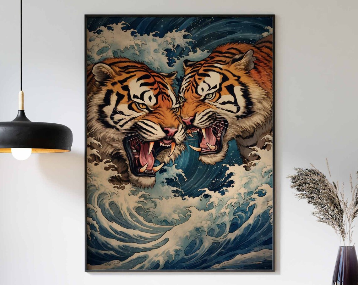 Two Roaring Tigers Japanese Wave Style Dramatic Tiger Poster