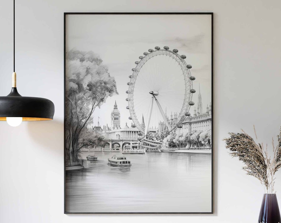 London Eye Black and White Pencil Sketch Poster with Thames Boats