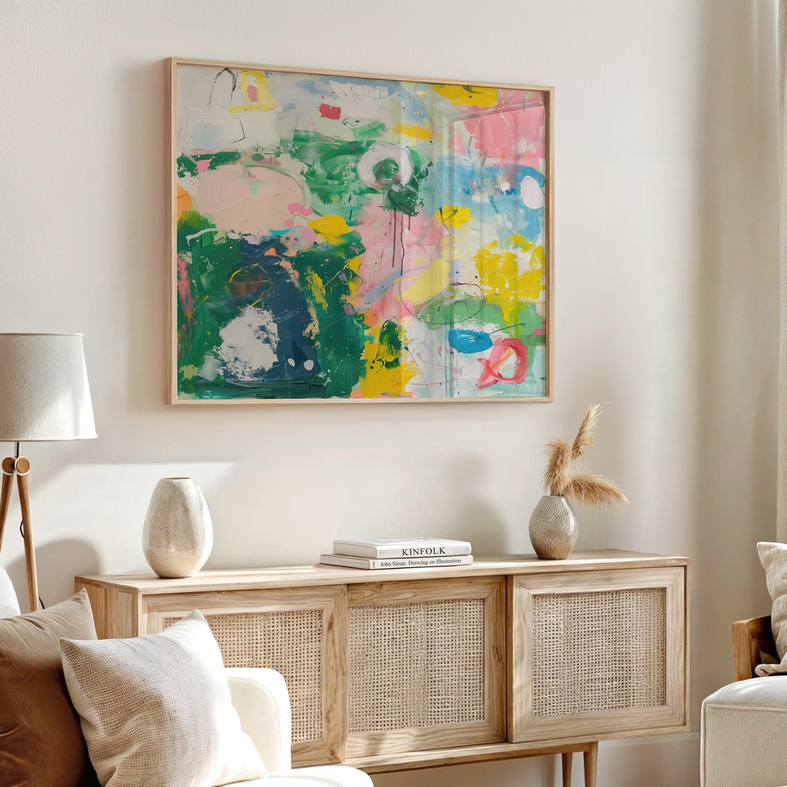Vibrant Green Pink And Yellow Abstract Brushstrokes Wall Art