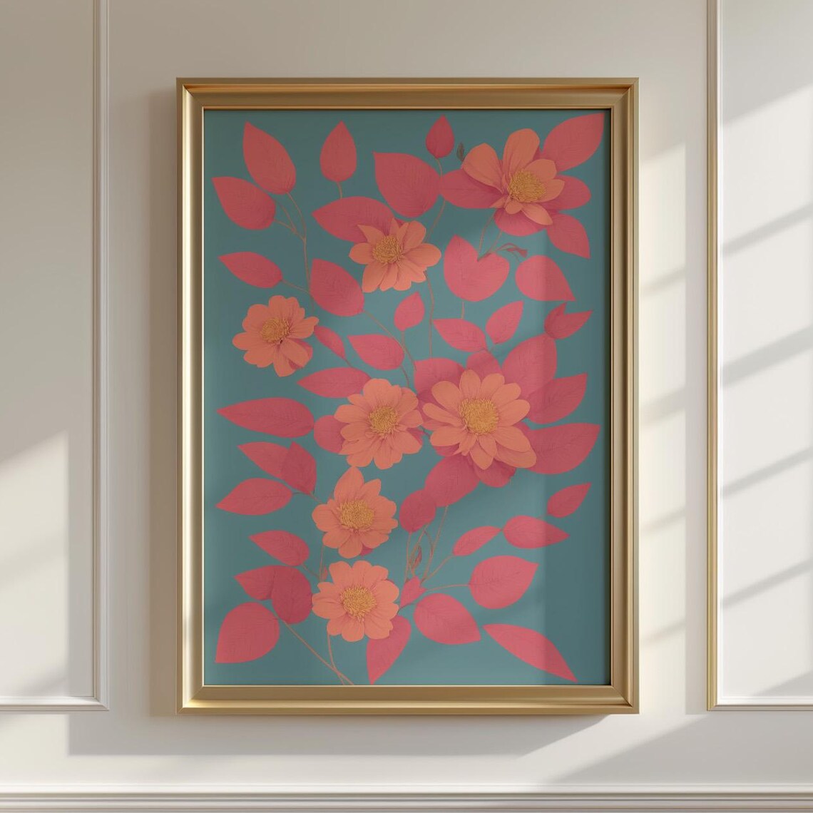 Petal Voltage Study Peach And Coral Floral Botanical Print Pink Leaves On Blue Background Wall Art