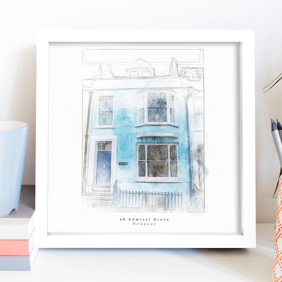 Blue Terraced House Newquay Watercolor Portrait Personalised Print